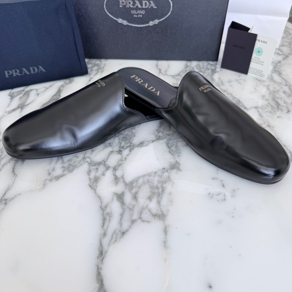 Prada Milano Black Leather Mule Slides Gold Logo Slip On Flat Shoes Mens UK7 - Picture 10 of 13